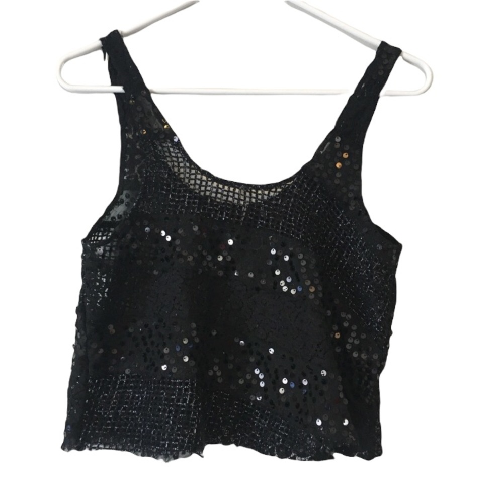 Free People Black Sequin Mesh Crop Top XS